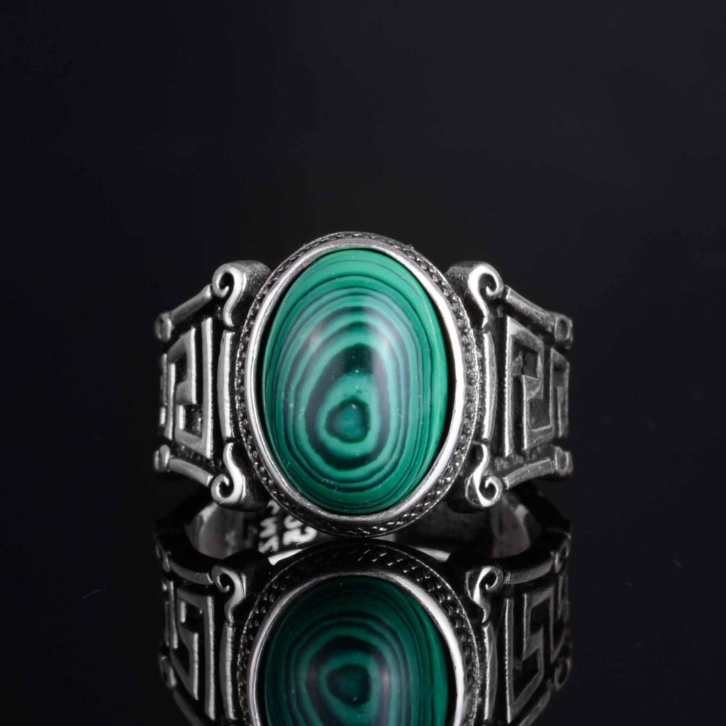 KAMBO 925 Sterling Silver Natural Stone Men's Ring – Labyrinth Pattern Handmade Vintage Statement Ring (Malachite) — 4
