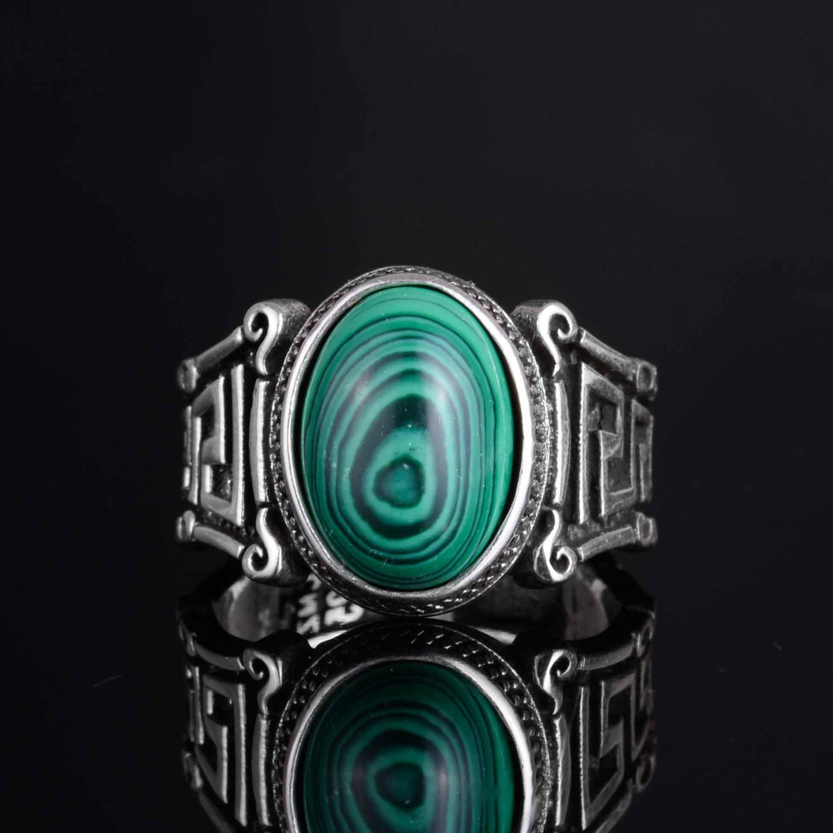 KAMBO 925 Sterling Silver Natural Stone Men's Ring – Labyrinth Pattern Handmade Vintage Statement Ring (Malachite) — 4