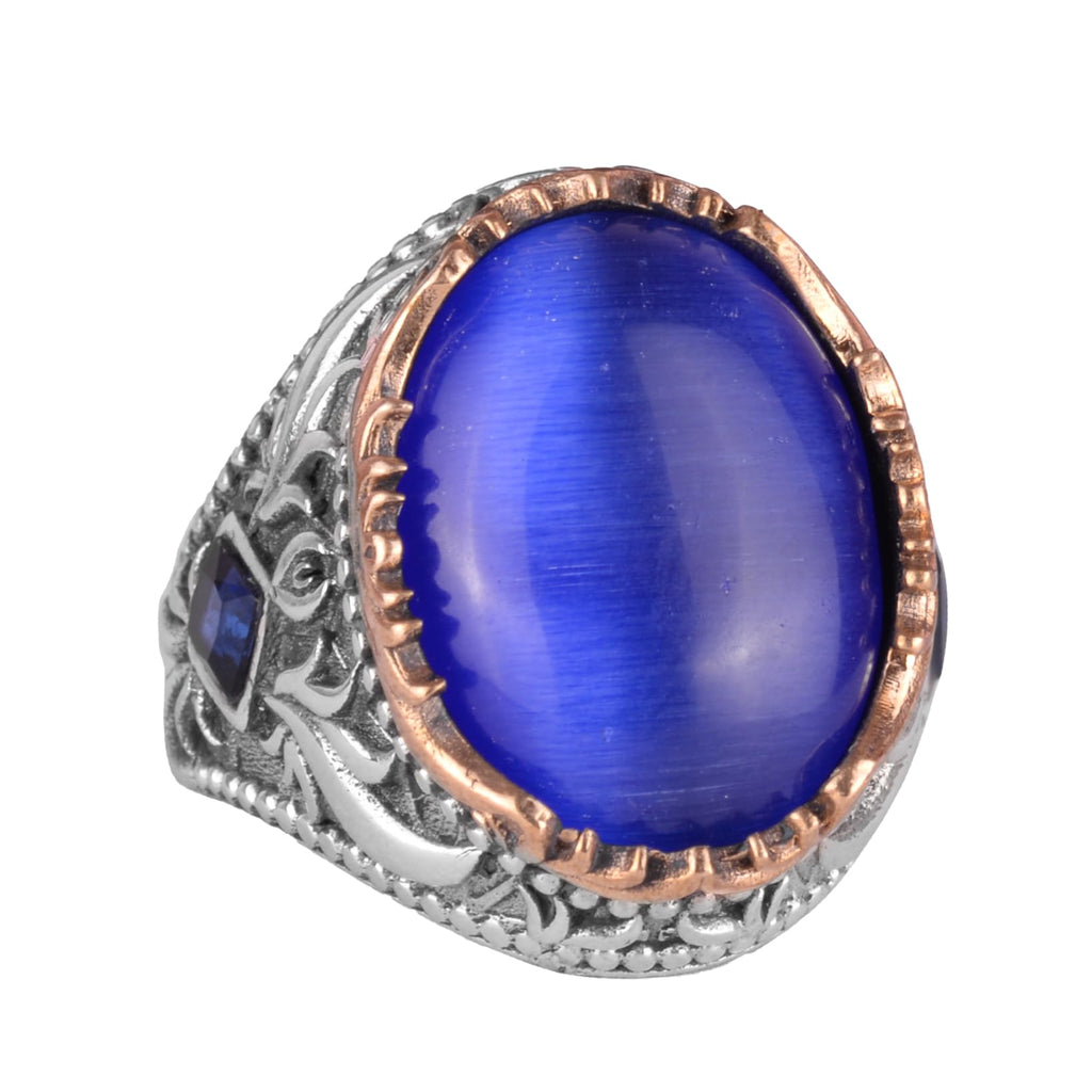 Artificial Stone Ring - Handcrafted Men's Ring - Stylish 925 Sterling Silver Men's Ring (Artificial Blue Cat's Eye)