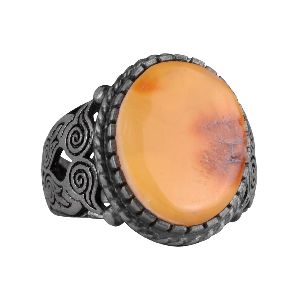 KAMBO Genuine Natural Amber Stone Ring - 925 Sterling Silver Unique Men's Ring - Handmade Owl Figure Design