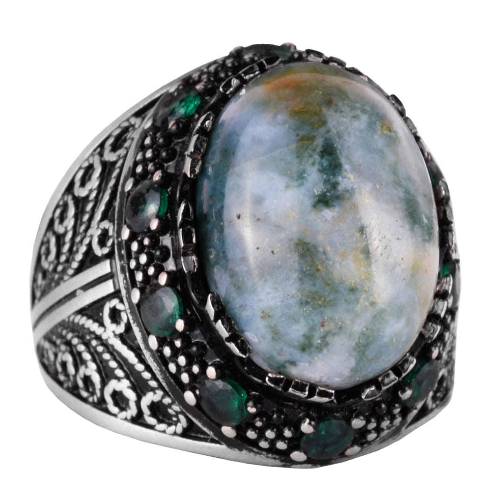 Natural Moss Agate Stone Ring - 925 Sterling Silver Men's Jewelry