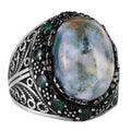 Natural Moss Agate Stone Ring - 925 Sterling Silver Men's Jewelry
