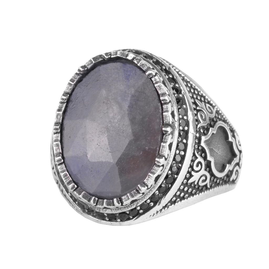 Natural Sapphire Stone Men's Ring 925 Sterling Silver Tooth Frame Black Stone Halo Handmade Statement Ring (Blue Sapphire-1)