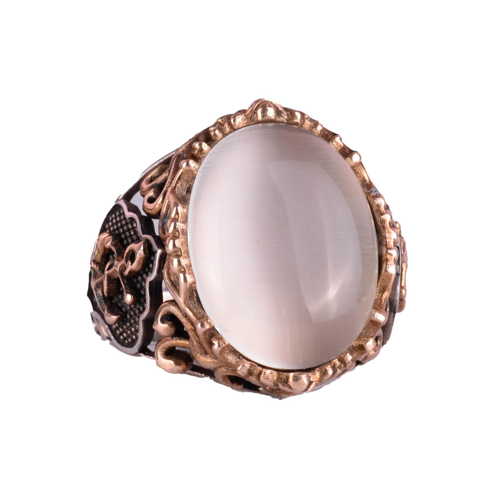 KAMBO White Catseye Created Stone Ring in 925 Sterling Silver - Unique Sailor Anchor Design - Diverse Collection of Crea