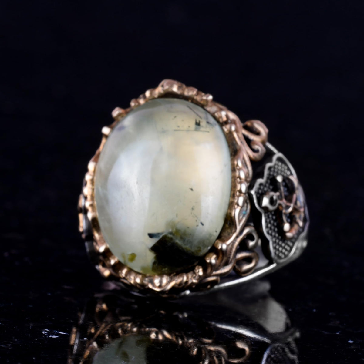 Handcrafted Prehnite Jade Ring - Sailboat Anchor 925 Sterling Silver Men's Ring — 4