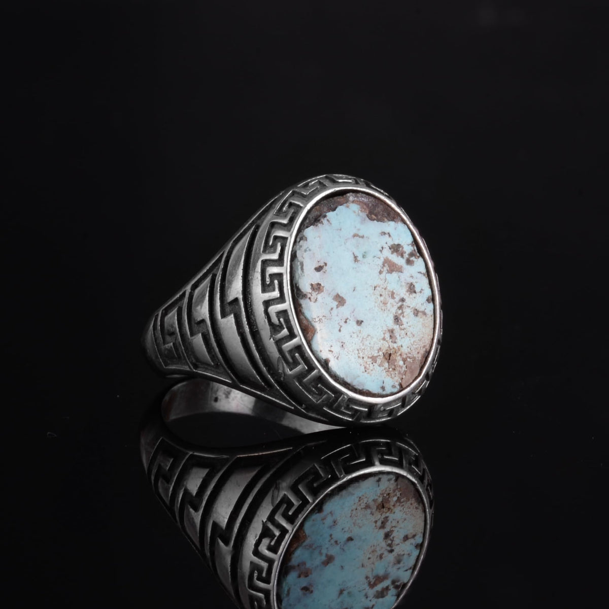 KAMBO Men's Natural Turquoise Stone Ring – 925 Sterling Silver Ring with Maze Side Designs – Handmade Minimalist Descriptive Jewelry (Style-6) — 6