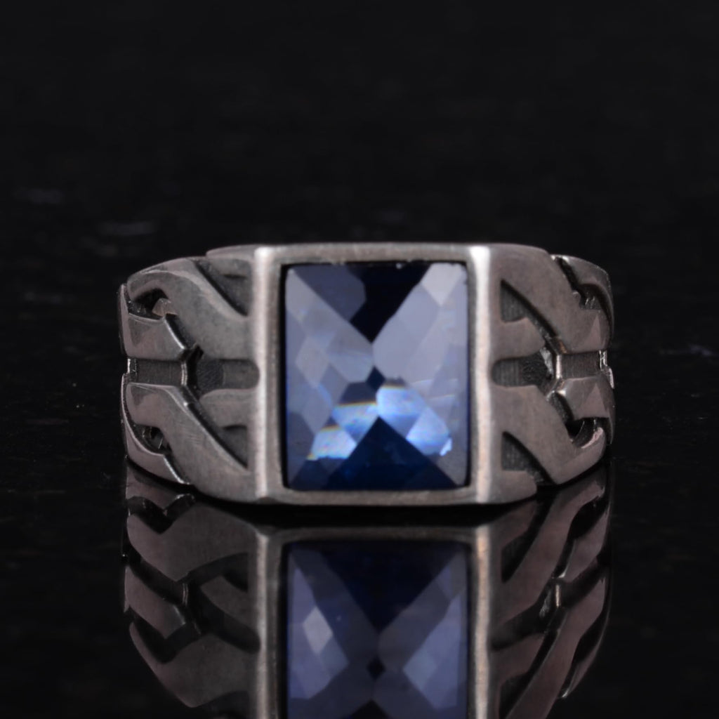 KAMBO 925 Sterling Silver Men's Ring, Elegant Design Silver Ring, Greek Key Design Ring (Created Sapphire) — 3