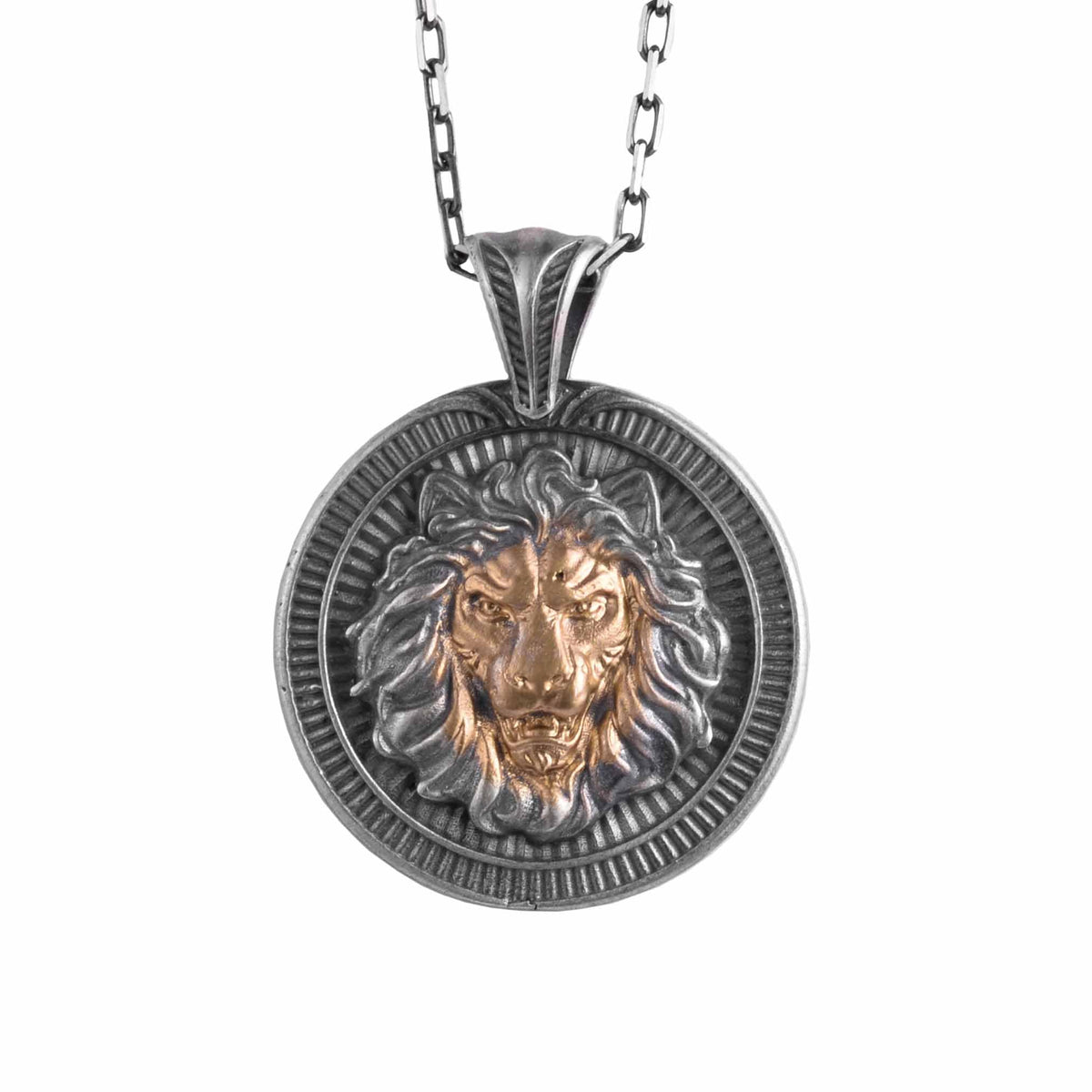 KAMBO Lion Head Medallion Necklace – 925 Sterling Silver Handmade Chain Men's Necklace – Symbol of Strength and Leadership (Silver Gold Plated)