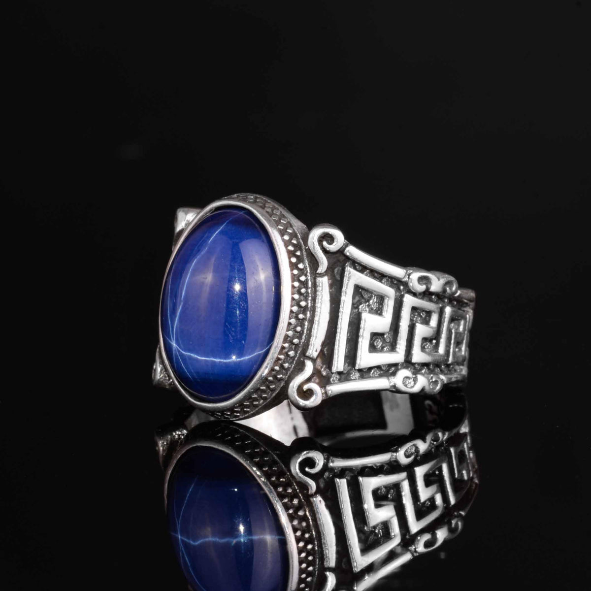 KAMBO 925 Sterling Silver Natural Stone Men's Ring – Labyrinth Pattern Handmade Vintage Statement Ring (Star Sapphire) — 5