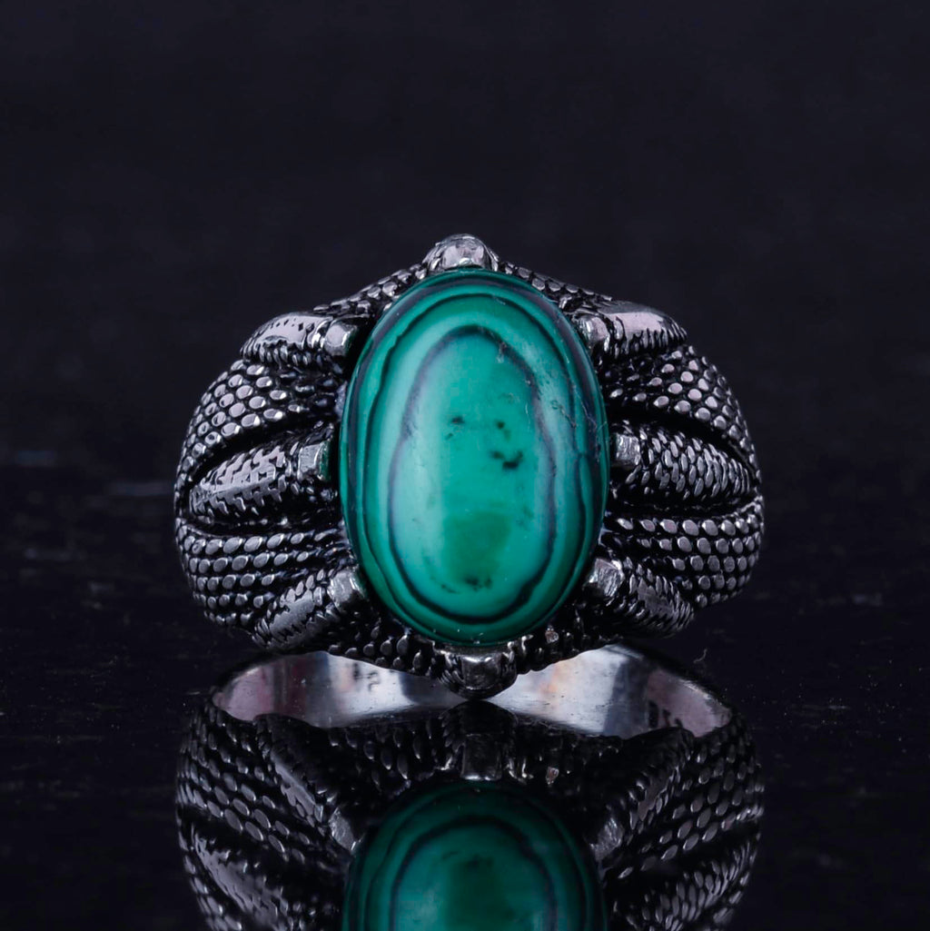 925 Sterling Silver Men's Ring, Natural Stone, Handmade Vintage Design Claw Ring (Malachite) — 4