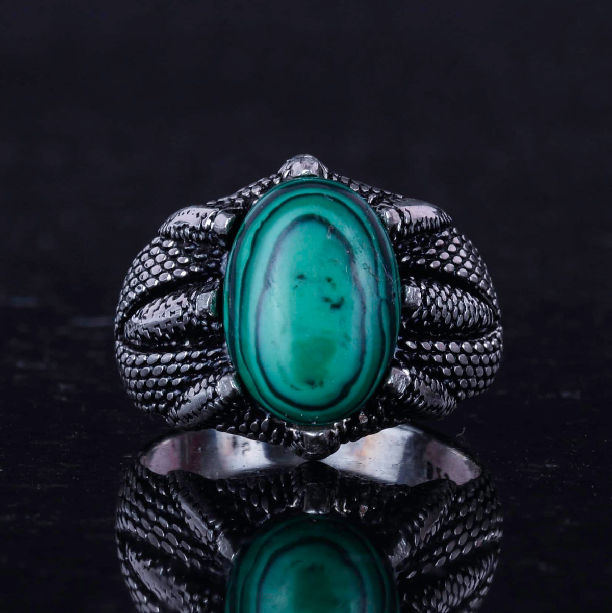 925 Sterling Silver Men's Ring, Natural Stone, Handmade Vintage Design Claw Ring (Malachite) — 4