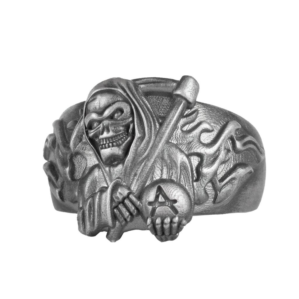 KAMBO 925 Sterling Silver Men's Azrael Ring – Gothic Skull Reaper Design – Handmade Punk Rock Silver Jewelry (Silver)