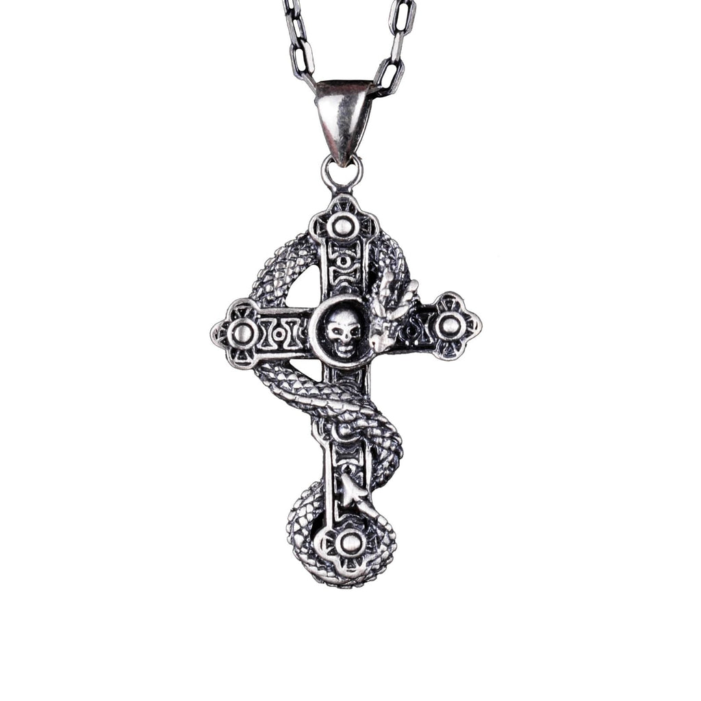 Kambo Silver Cross Necklace with Snake Design, 925K Silver Men's Necklace
