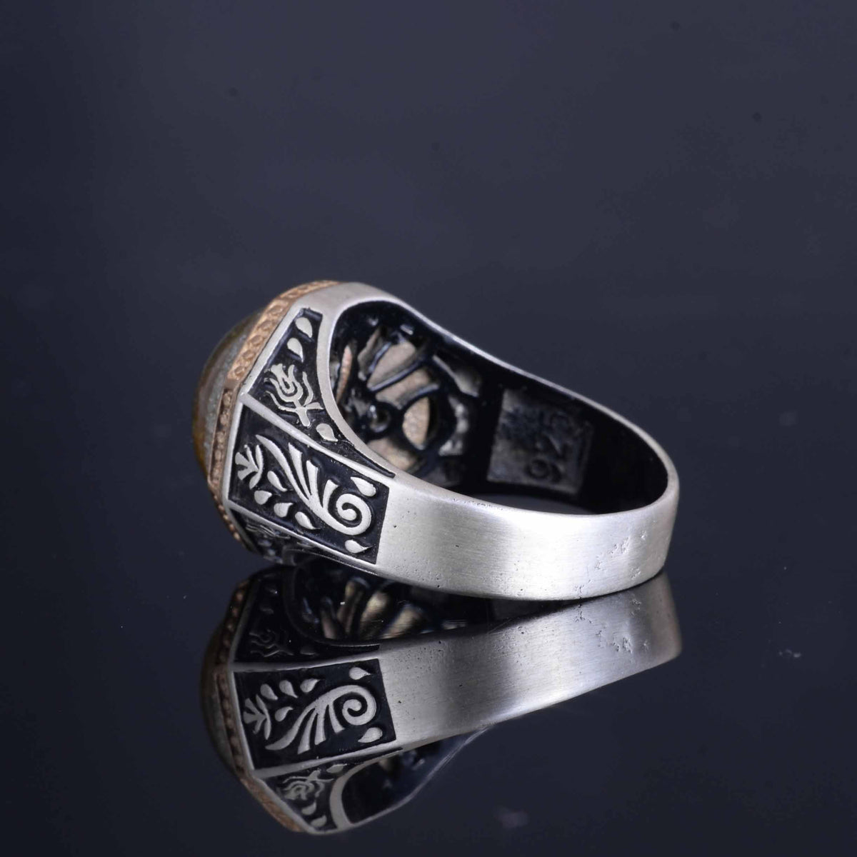KAMBO 925 Sterling Silver Men's Natural Stone Ring – Flower Motif Octagonal Frame – Handmade Bold Statement Jewelry (Cat's Eye) — 7