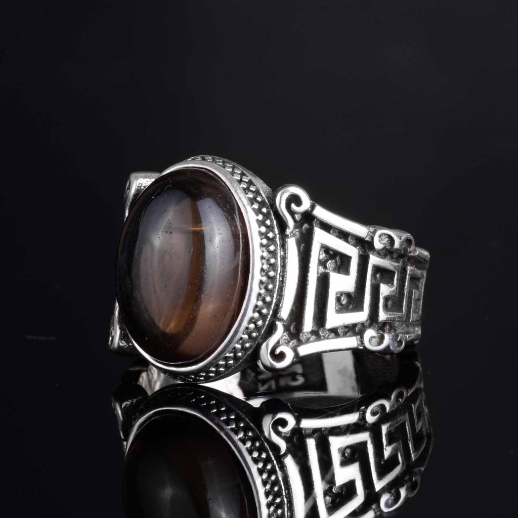 KAMBO 925 Sterling Silver Natural Stone Men's Ring – Labyrinth Pattern Handmade Vintage Statement Ring (Smoky Quartz) — 6