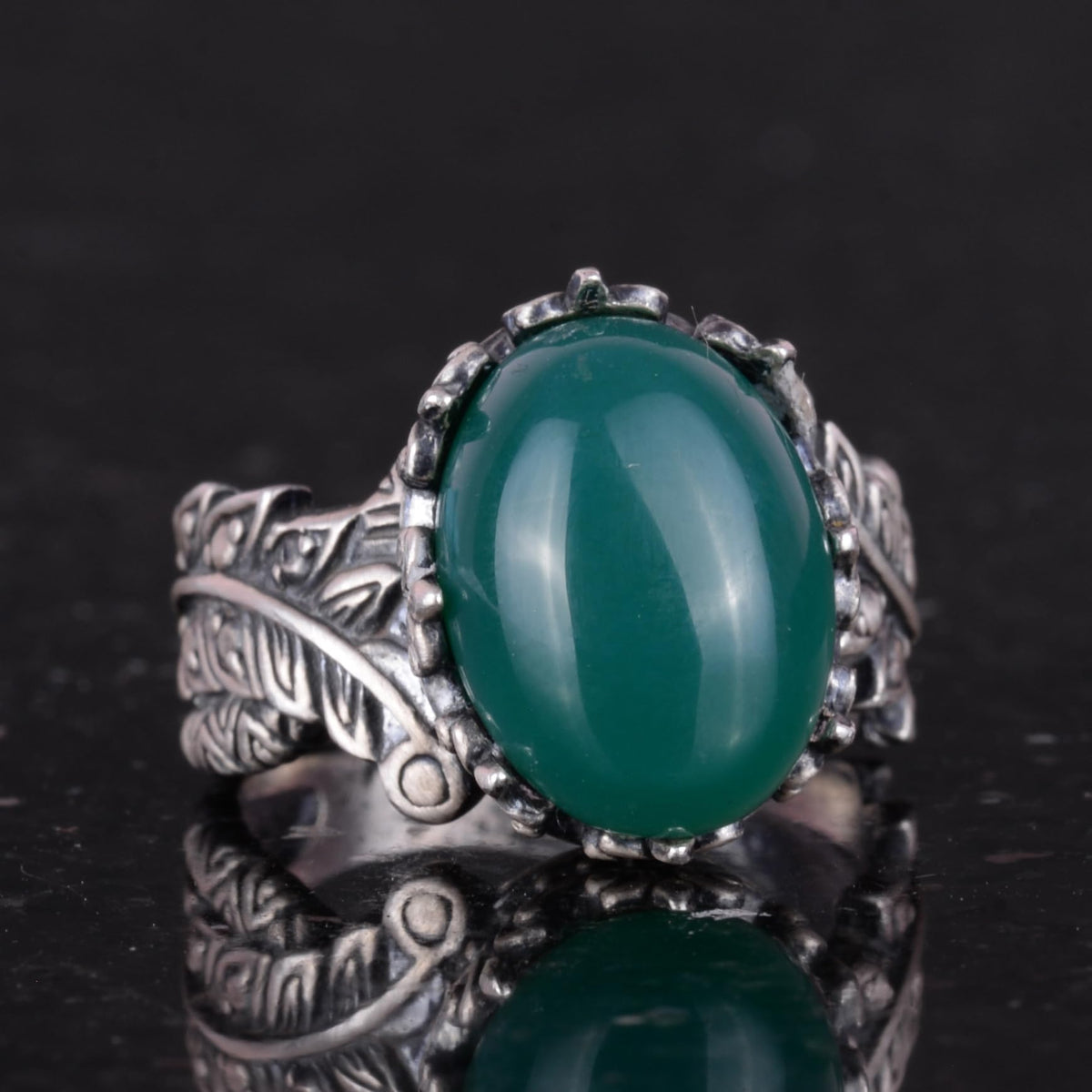 Vintage Bohemian Design Silver Women's Ring with Natural Jade Stone — 5