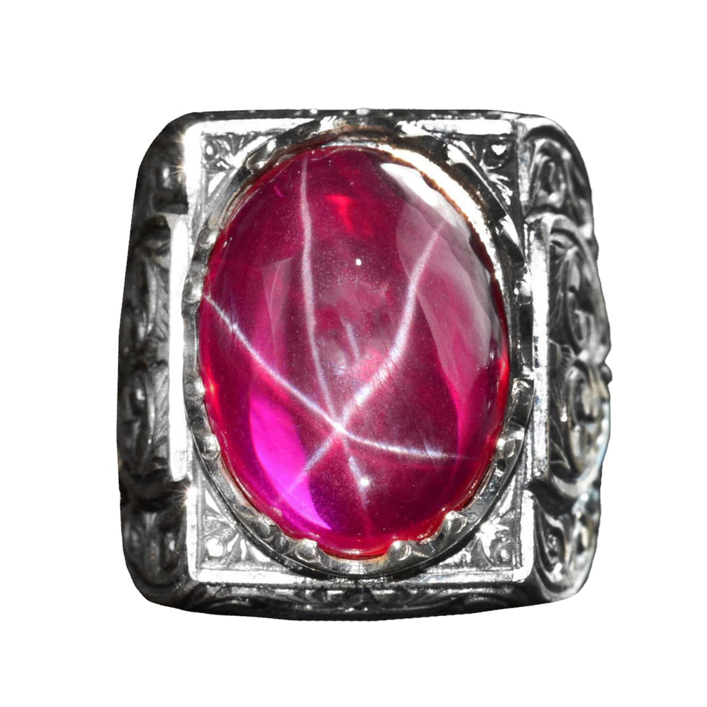 KAMBO Handmade Natural Star Ruby Men's Ring in 925 Sterling Silver with Intricate Six-Ray Star Engraved Design Vintage S