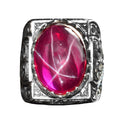KAMBO Handmade Natural Star Ruby Men's Ring in 925 Sterling Silver with Intricate Six-Ray Star Engraved Design Vintage S