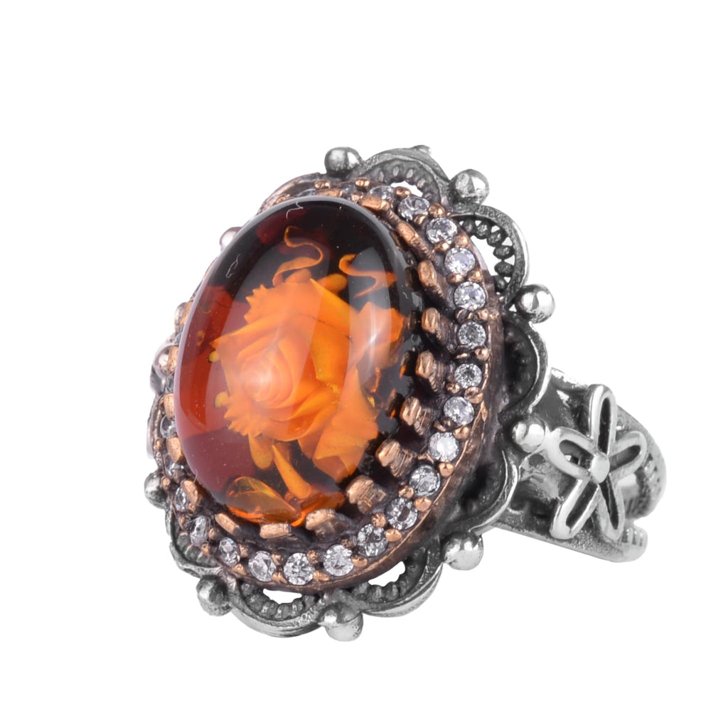 KAMBO Rose Carved Amber Stone Women's Ring – Oval Amber Stone Flower Design Ring – 925 Sterling Silver Vintage Elegant Women's Jewelry