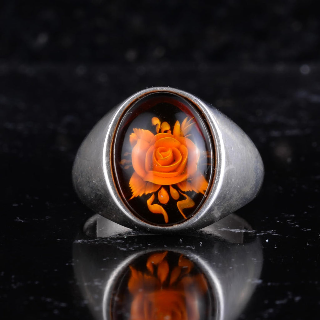 KAMBO Natural Amber Rose Carved Ring 925 Sterling Silver Men's Ring Oval Stone Handmade Vintage Flower Design — 4