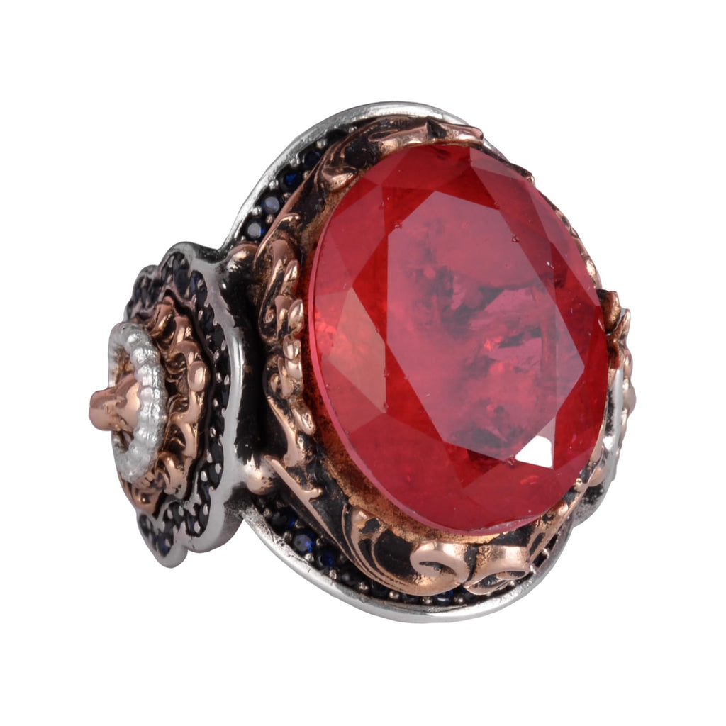925 Sterling Silver Ring, Red Synthetic Paraiba Stone Ring, Lion Symbol Ring