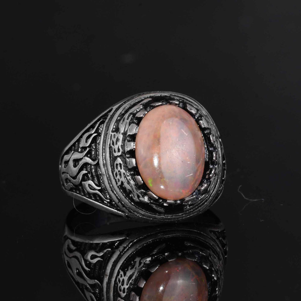 KAMBO Natural Opal 925 Sterling Silver Men's Ring – Fire-Inspired Side Design Handmade Statement Ring (Style-1) — 6