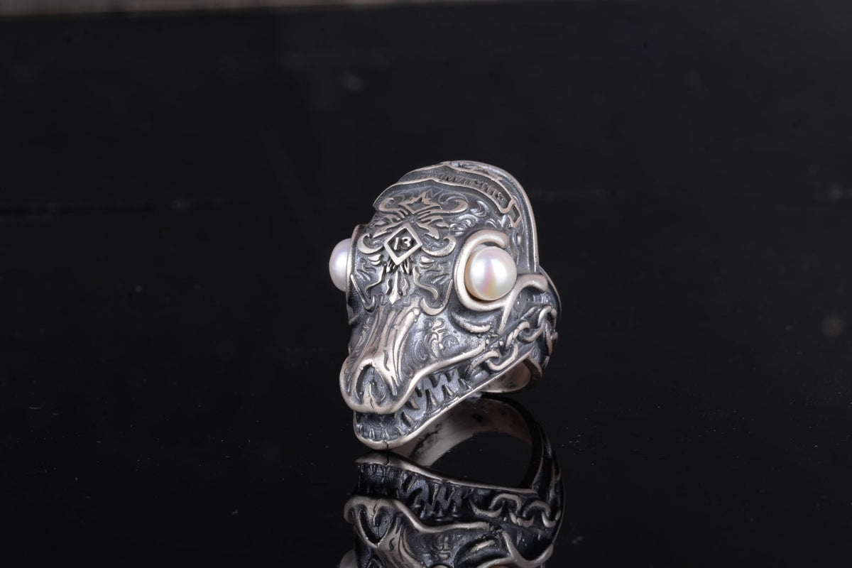 KAMBO Natural Stone Dragon Large Ring - Men's 925 Sterling Silver Gothic Handmade Statement Jewelry (Pearl) — 6