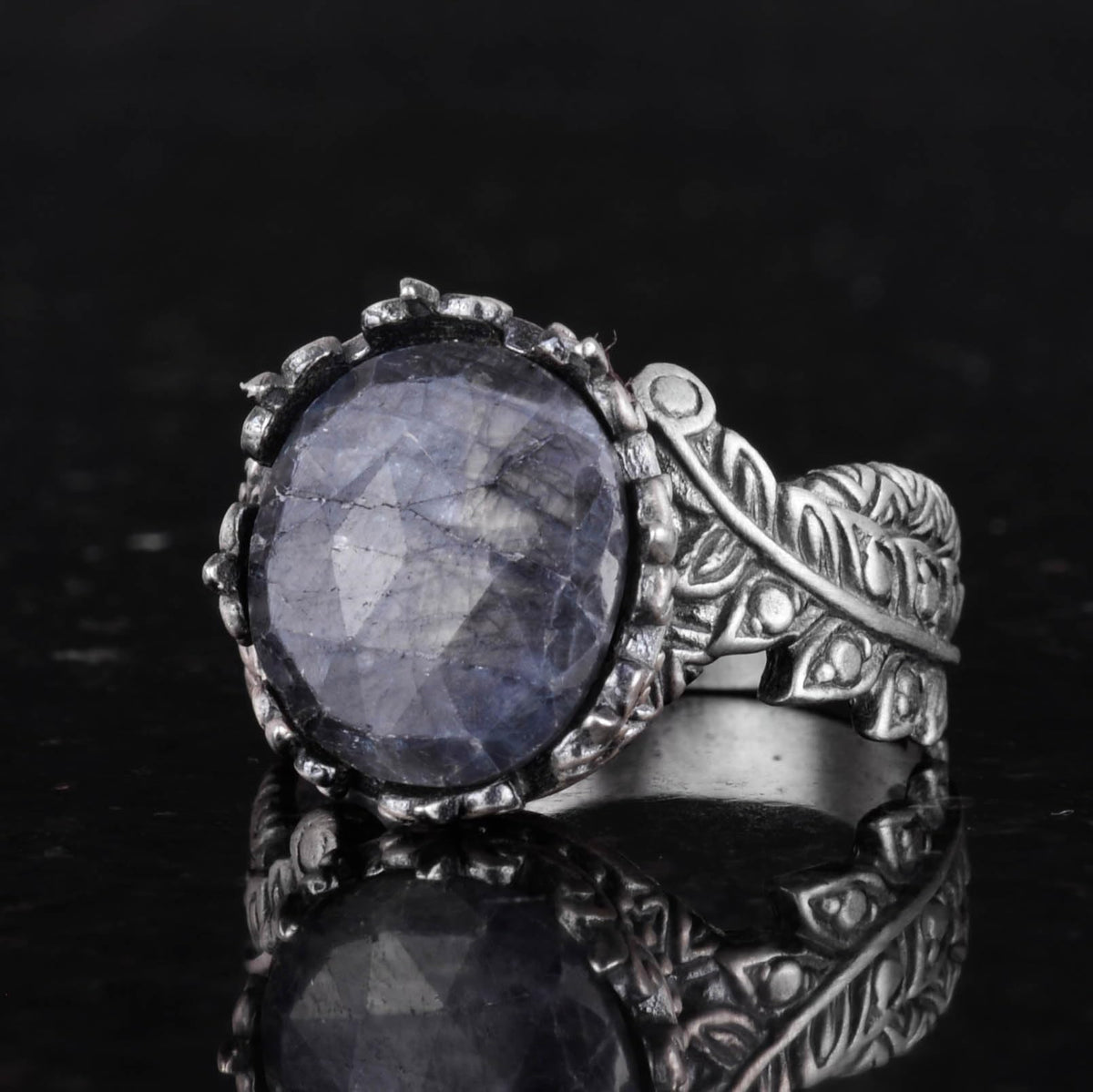 Natural Stone Ring - Handmade 925 Sterling Silver Jewelry (Gray Sapphire) — 5