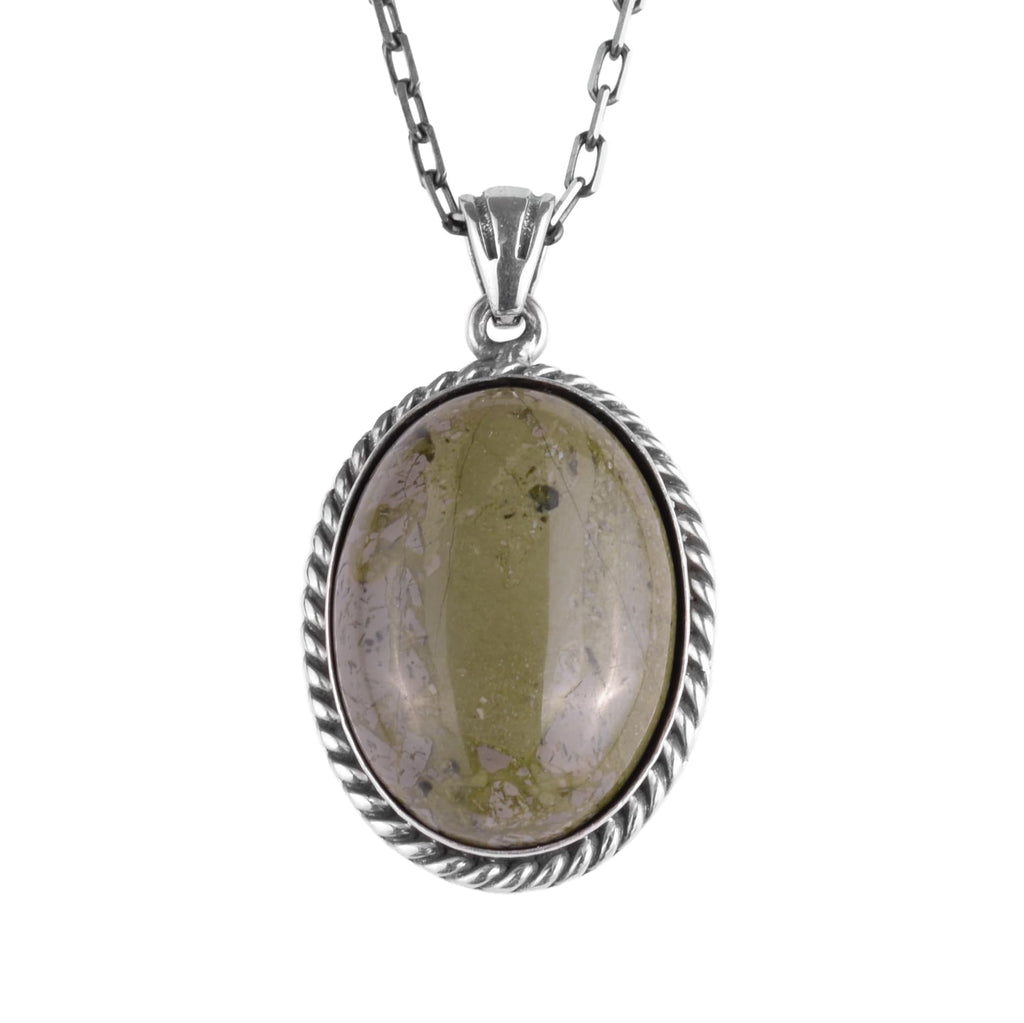 KAMBO Natural Stone Chain Unisex Necklace 925 Sterling Silver – Handmade Oval Description Necklace (Unakite)