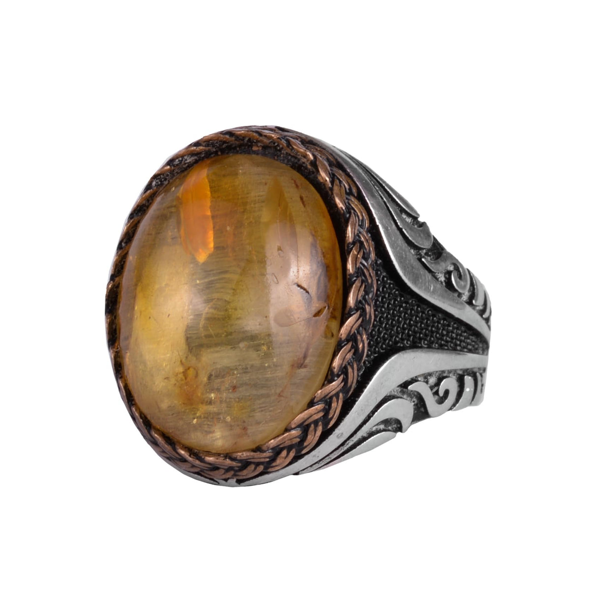 KAMBO Men's Natural Baltic Amber Stone Ring – 925 Sterling Silver Handmade Statement Ring – Authentic Amber Jewelry with Ottoman Style Details (Style-1)