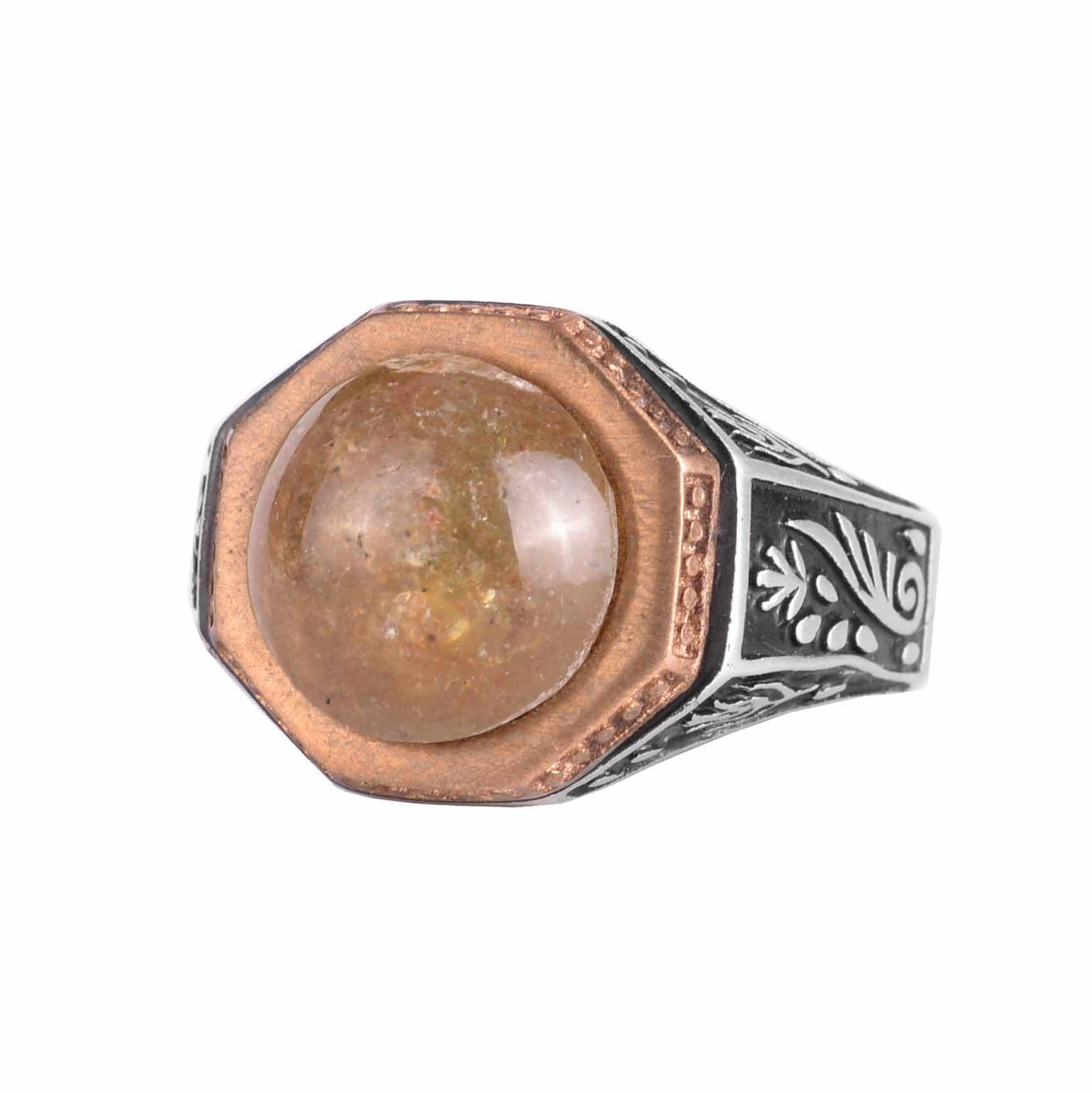 KAMBO 925 Sterling Silver Men's Natural Stone Ring – Flower Motif Octagonal Frame – Handmade Bold Statement Jewelry (Cat's Eye)