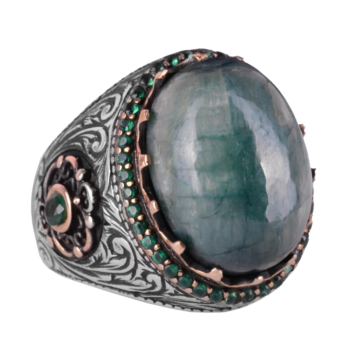 Synthetic Stone Ring - 925 Sterling Silver Handmade Ring - Synthetic Cabochon Emerald Ring