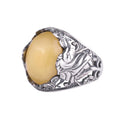 KAMBO Natural Stone Men's Ring 925 Sterling Silver - Large Flower Engraved Statement Ring - Handmade Vintage Ring for Men (Amber)