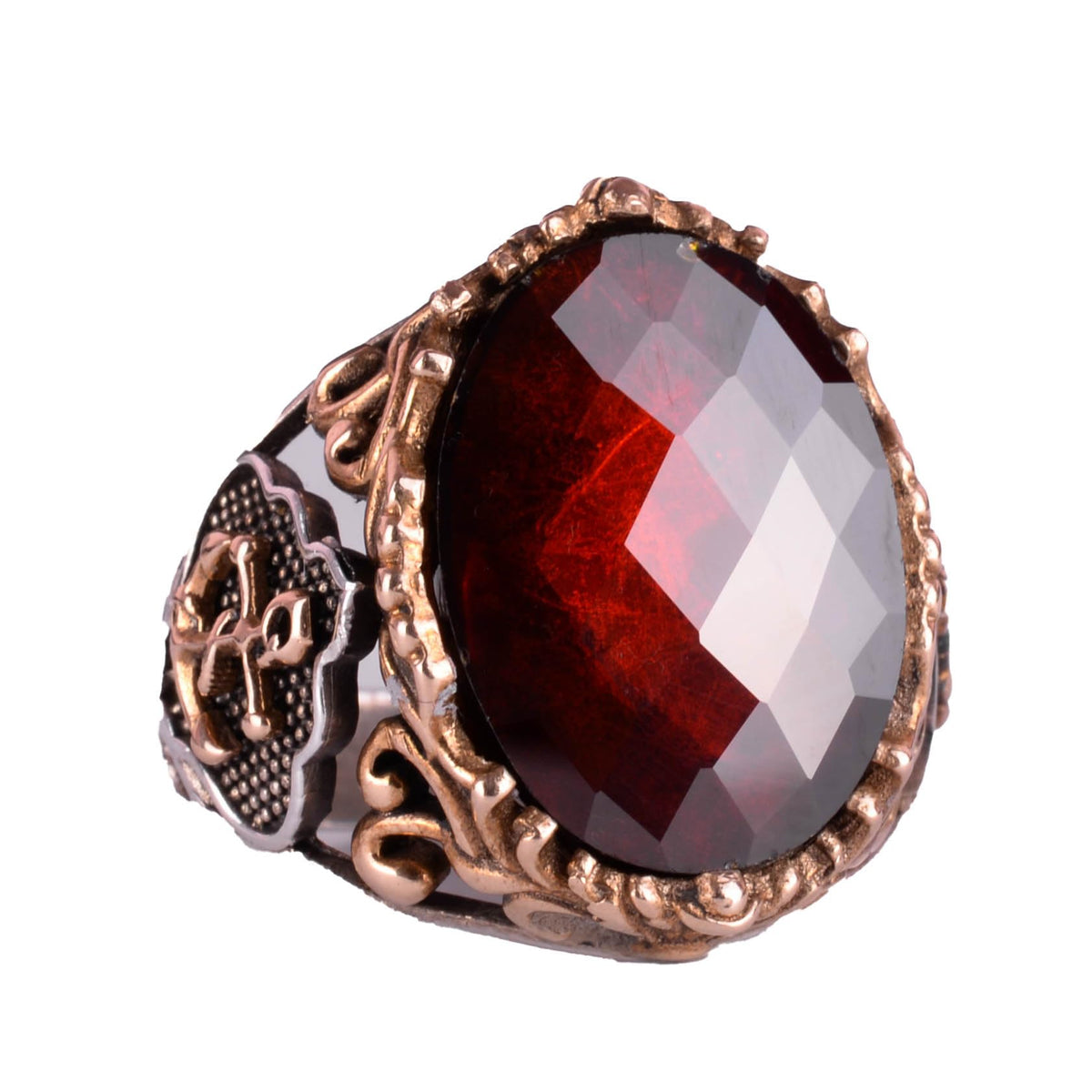 Garnet Stone Sailor Anchor Ring - 925 Sterling Silver