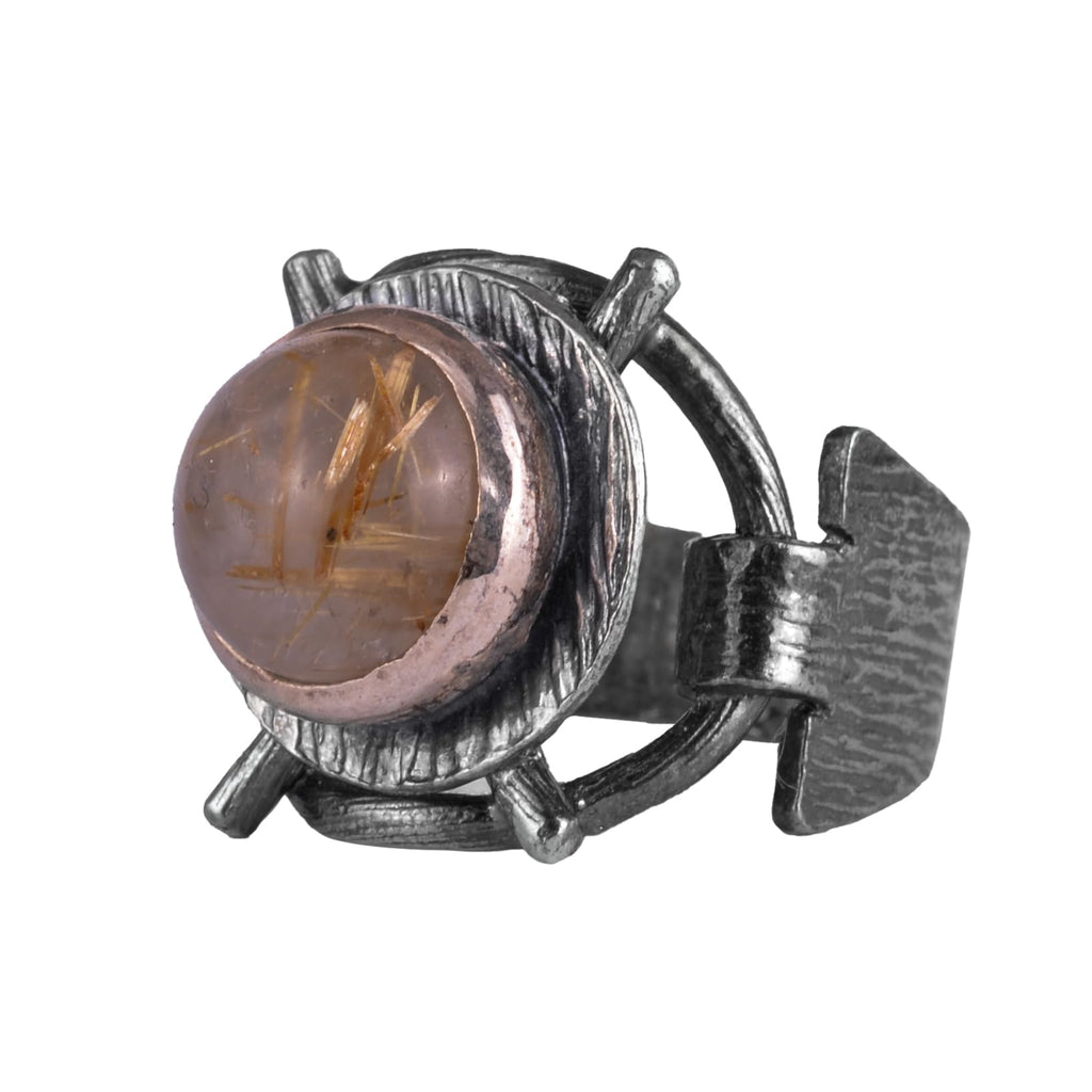 KAMBO Natural Rutilated Quartz Gold Women's Ring with 925 Sterling Silver Adjustable Industrial Nail Design Handmade