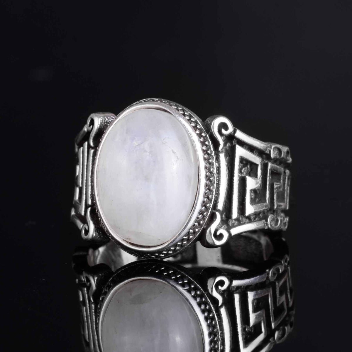 KAMBO 925 Sterling Silver Natural Stone Men's Ring – Labyrinth Pattern Handmade Vintage Statement Ring (Moonstone) — 5