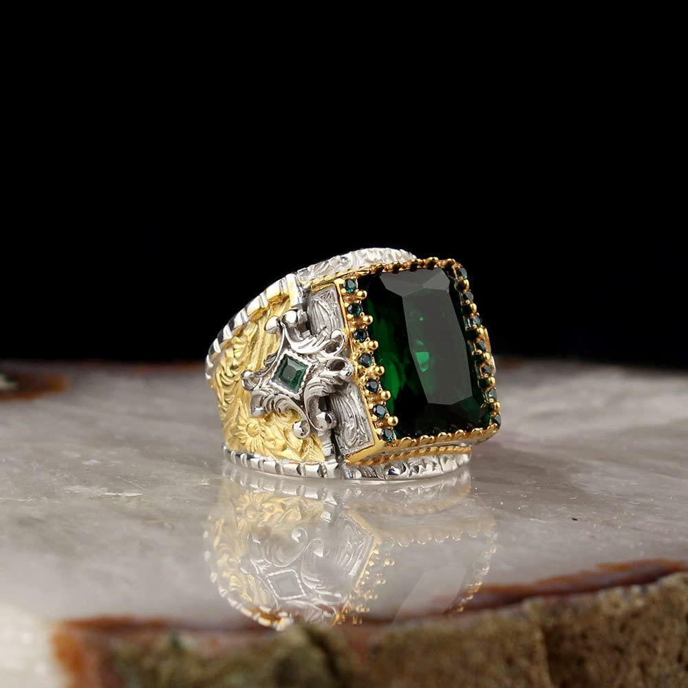 Handmade 925 Sterling Silver Men's Ring, Green Emerald Stone, Decorated Design, Islamic Ring — 2