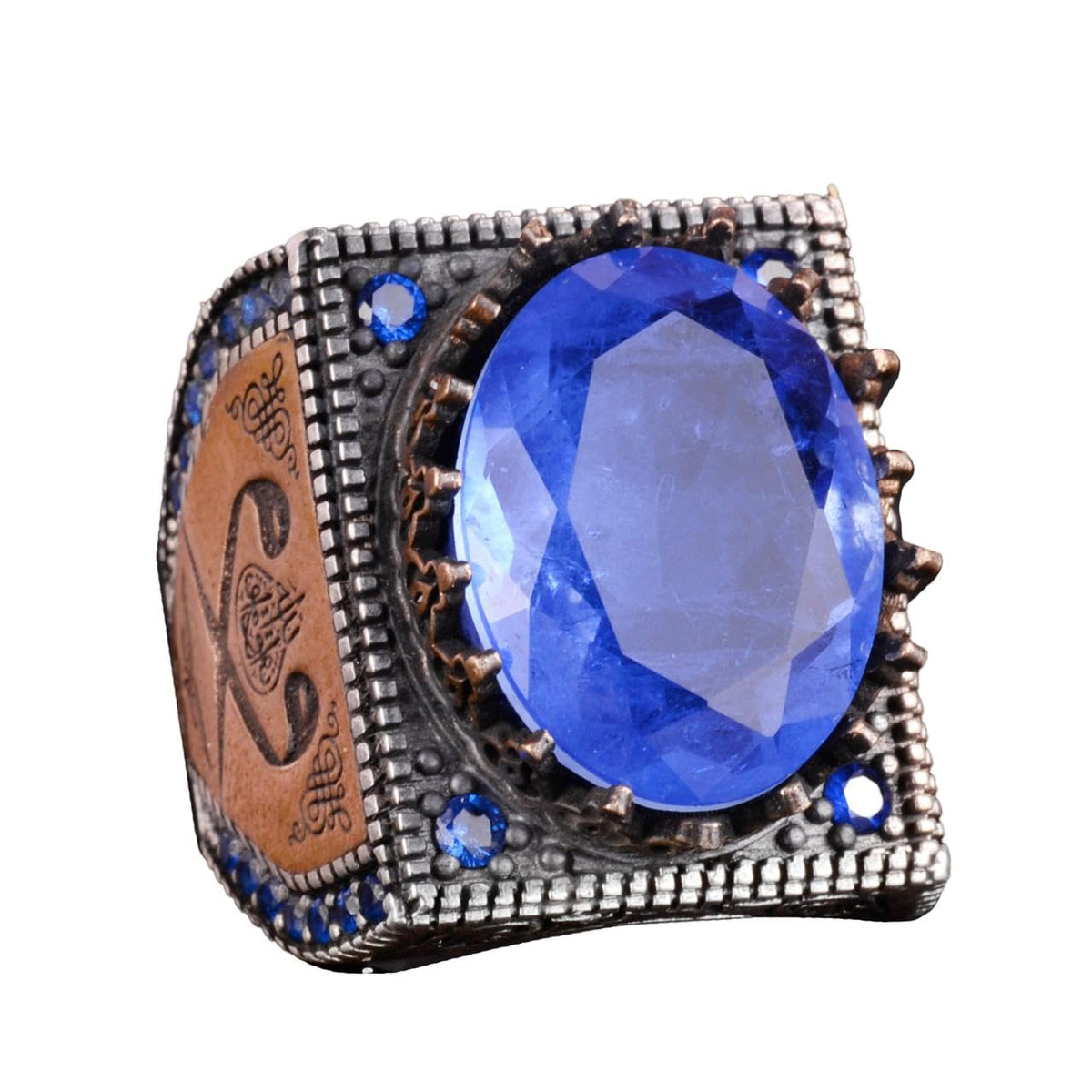 925 Sterling Silver Islamic Ring, Artificial Stone Ring, Handcrafted Calligraphy Ring (Dark Blue Paraiba)