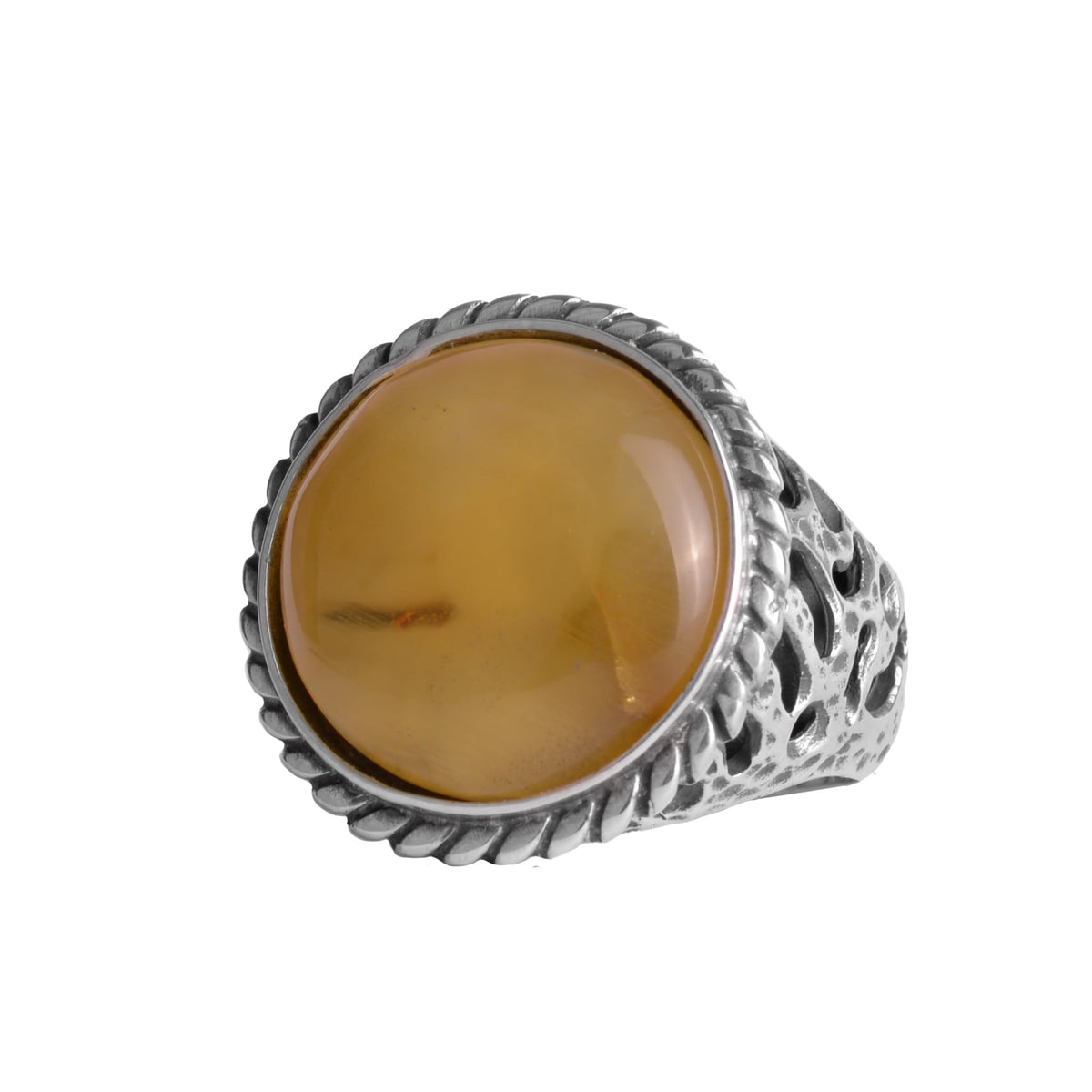 KAMBO Natural Amber Stone Men's Ring – 925 Sterling Silver Handmade Round Ring – Vintage Jewelry for Men (Amber -3)