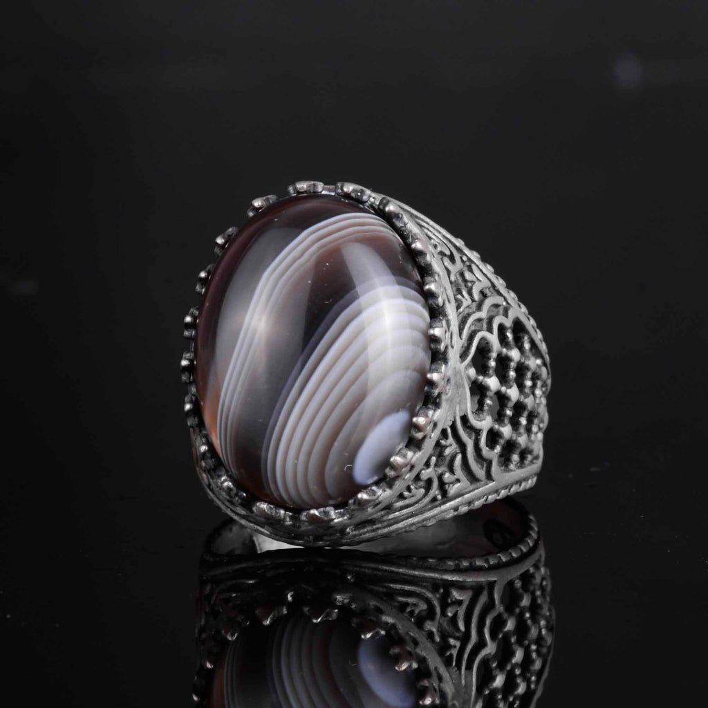 KAMBO Men's Natural Agate Stone Ring – 925 Sterling Silver Handmade Oval Islamic Design – Unique Vintage Men's Jewelry (Style-1) — 5