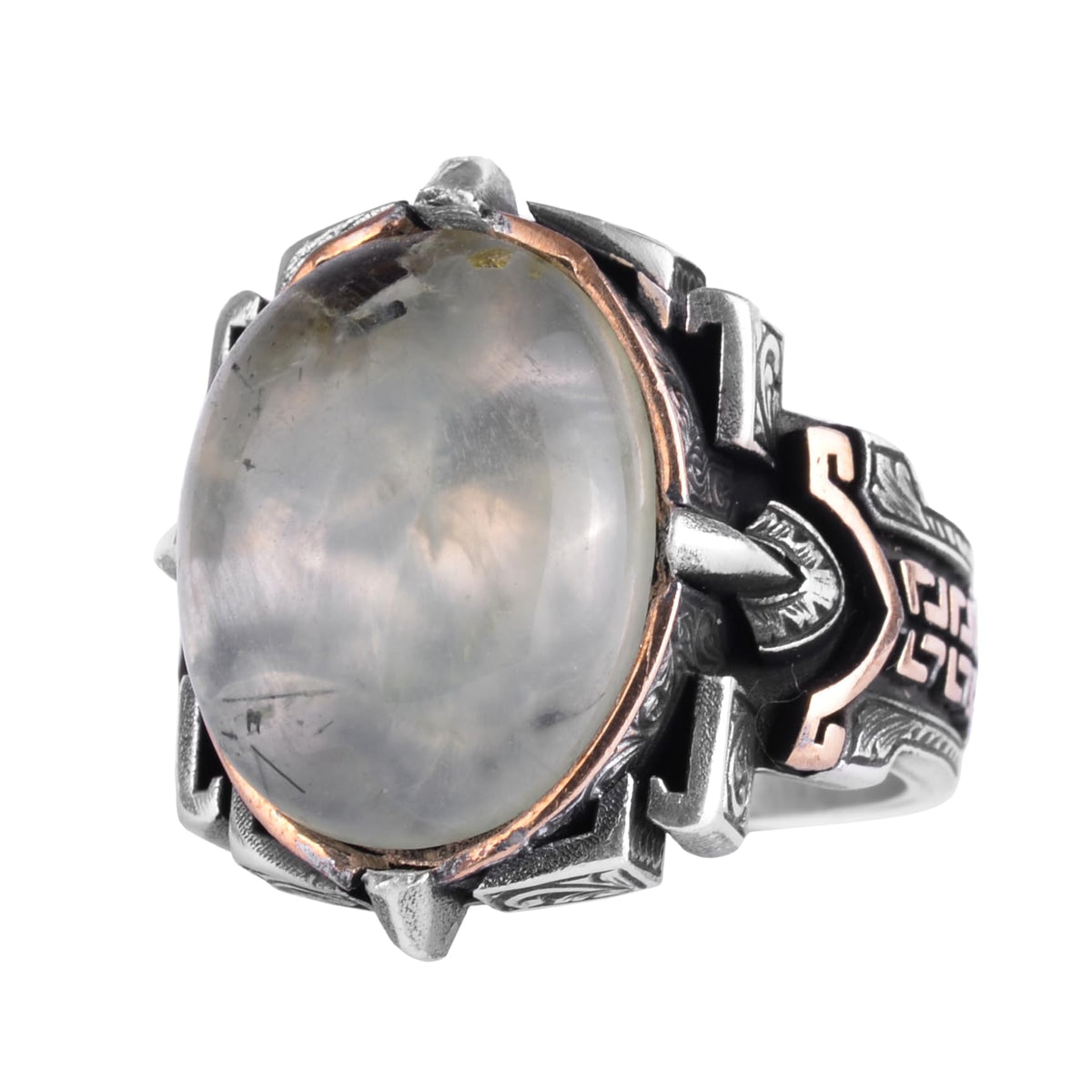 KAMBO Natural Stone Ring 925 Sterling Silver – Handmade Men's Statement Ring Healing Jewelry (Prehnite)