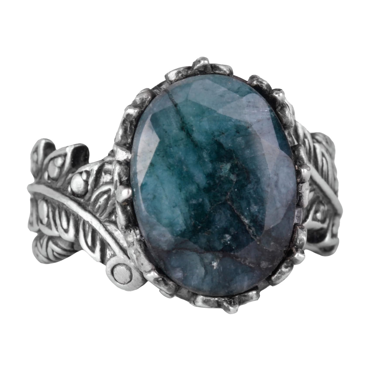 Vintage Bohemian Design Silver Women's Ring with Natural Emerald Stone