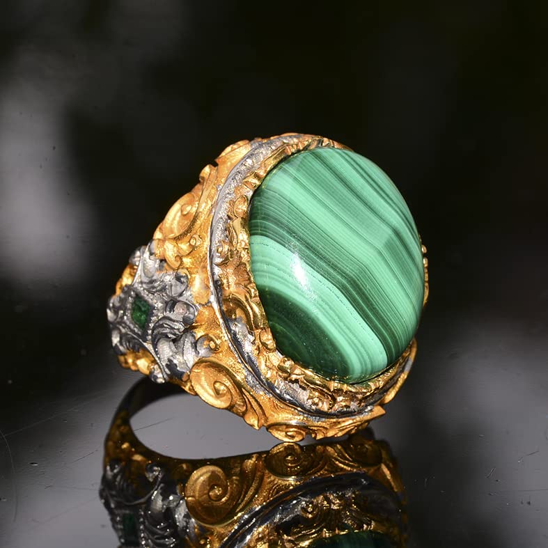 Natural Malachite Stone, 925 Sterling Silver Big Ring, Malachite Ring, Gold Plated — 3
