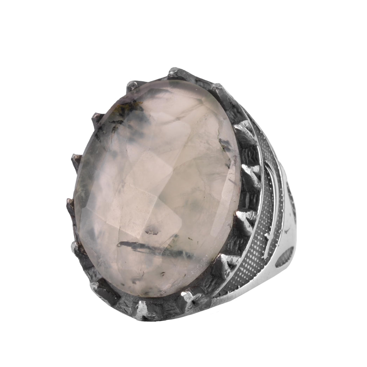KAMBO Natural Stone Men's Large Ring – 925 Sterling Silver Ottoman Sword Motif Signet Ring (Prehnite)