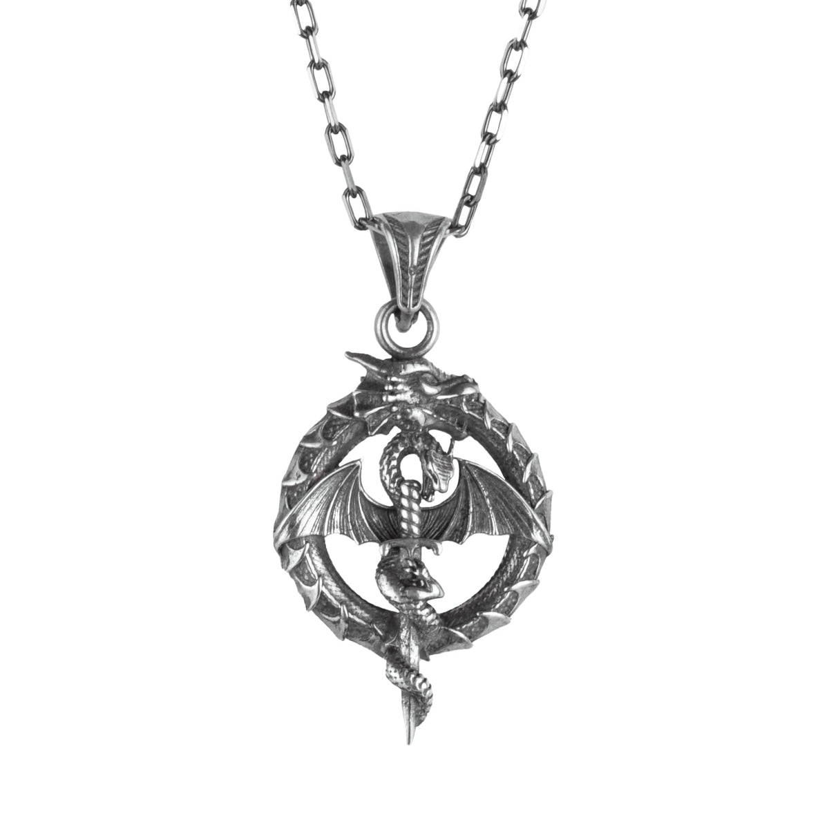KAMBO 925 Sterling Silver Chain Dragon Necklace – Medieval Winged Dragon Sword Necklace – Oxidized Legendary Men's Statement Jewelry