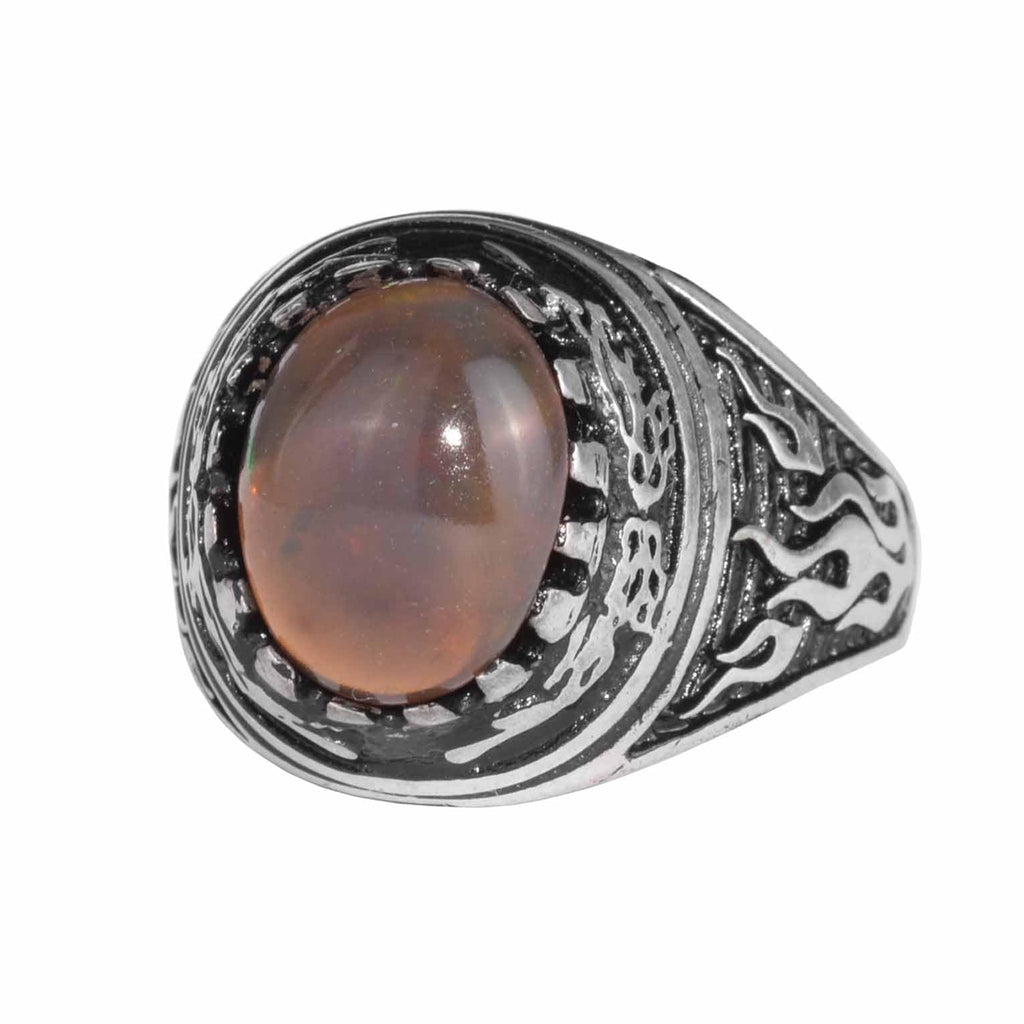 KAMBO Natural Opal 925 Sterling Silver Men's Ring – Fire-Inspired Side Design Handmade Statement Ring (Style-5)