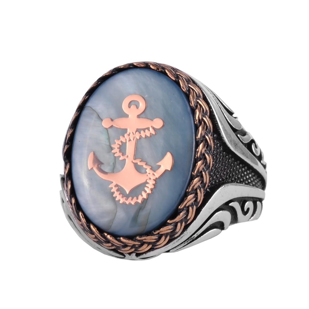 KAMBO Nautical Anchor Men's Ring - Blue Inlay Surface and Rose Gold Anchor Emblem 925 Sterling Silver Oval Seal Ring - Sailor Style Jewelry