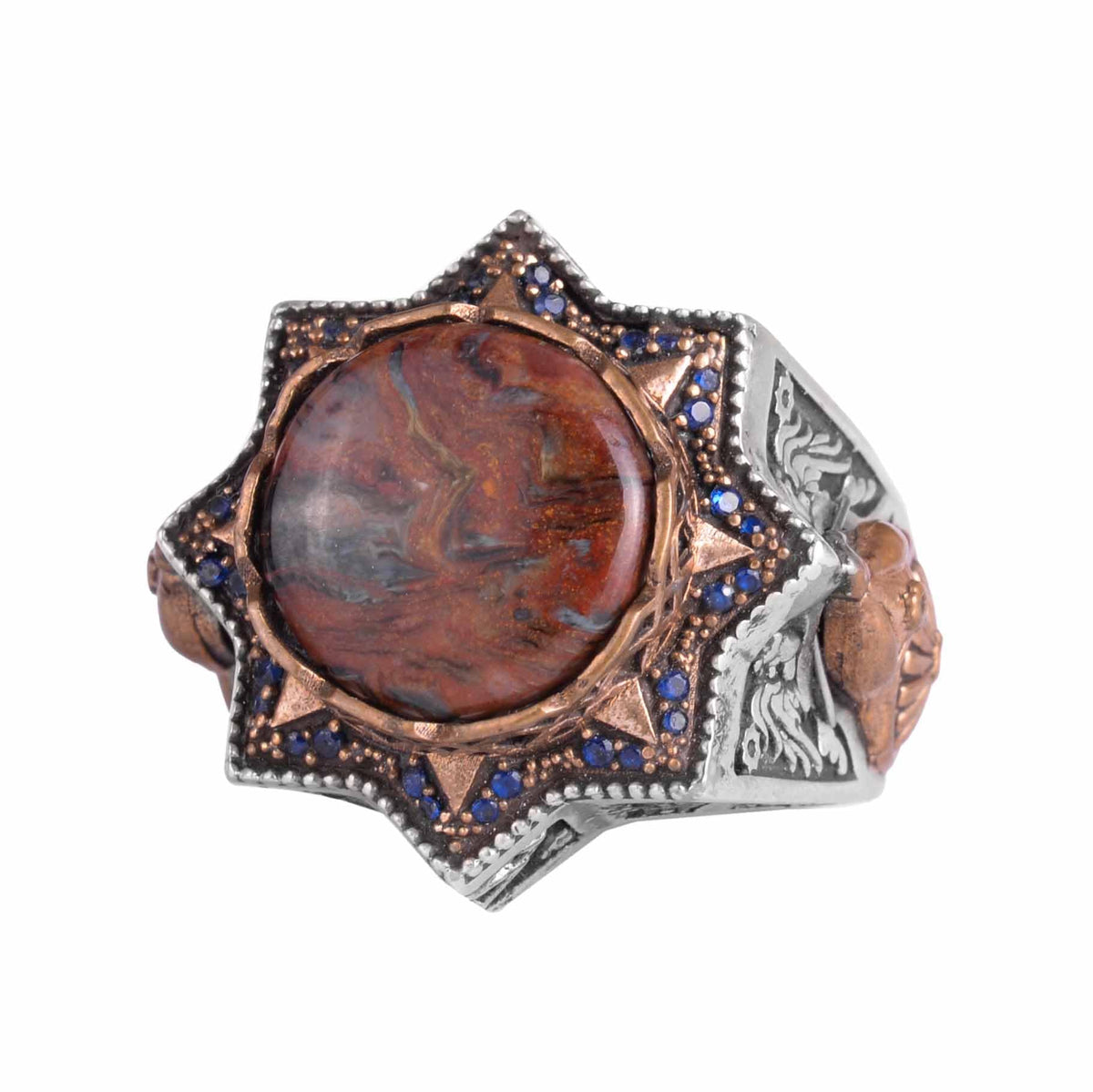KAMBO 925 Sterling Silver Men's Natural Stone Ring – Warrior Helmet Motif Handmade Star Frame – Protective Spiritual Jewelry (Petersite)