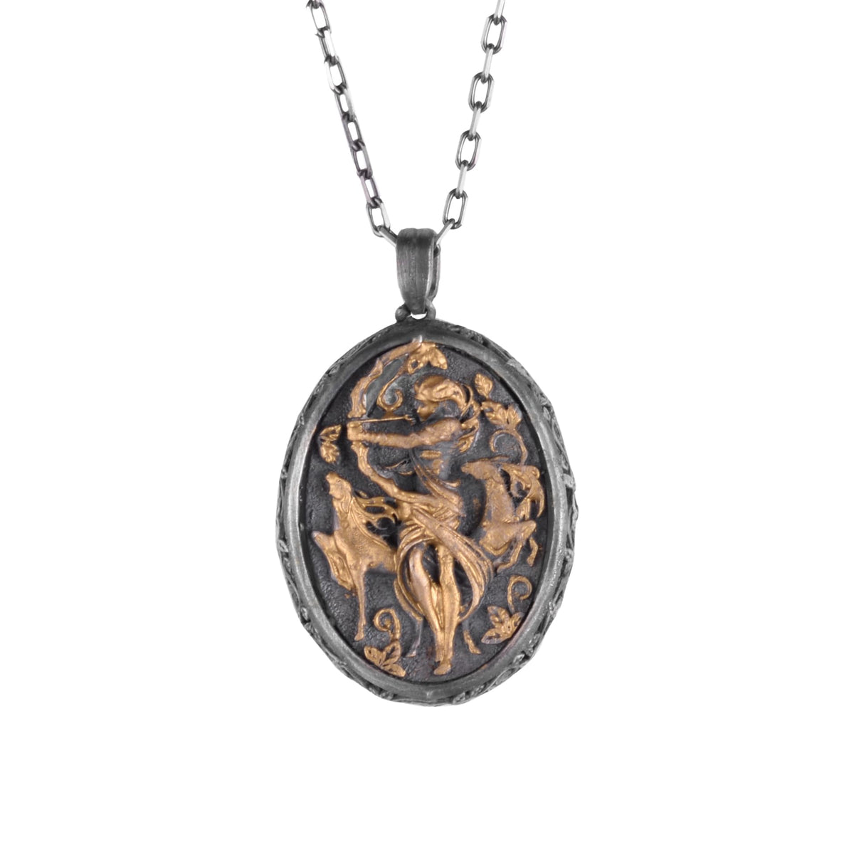 KAMBO 925 Sterling Silver Gold Plated Chain Men's Necklace – Sagittarius Archer Zodiac Necklace – Handmade Oval Two Tone Oxidized Medallion Jewelry