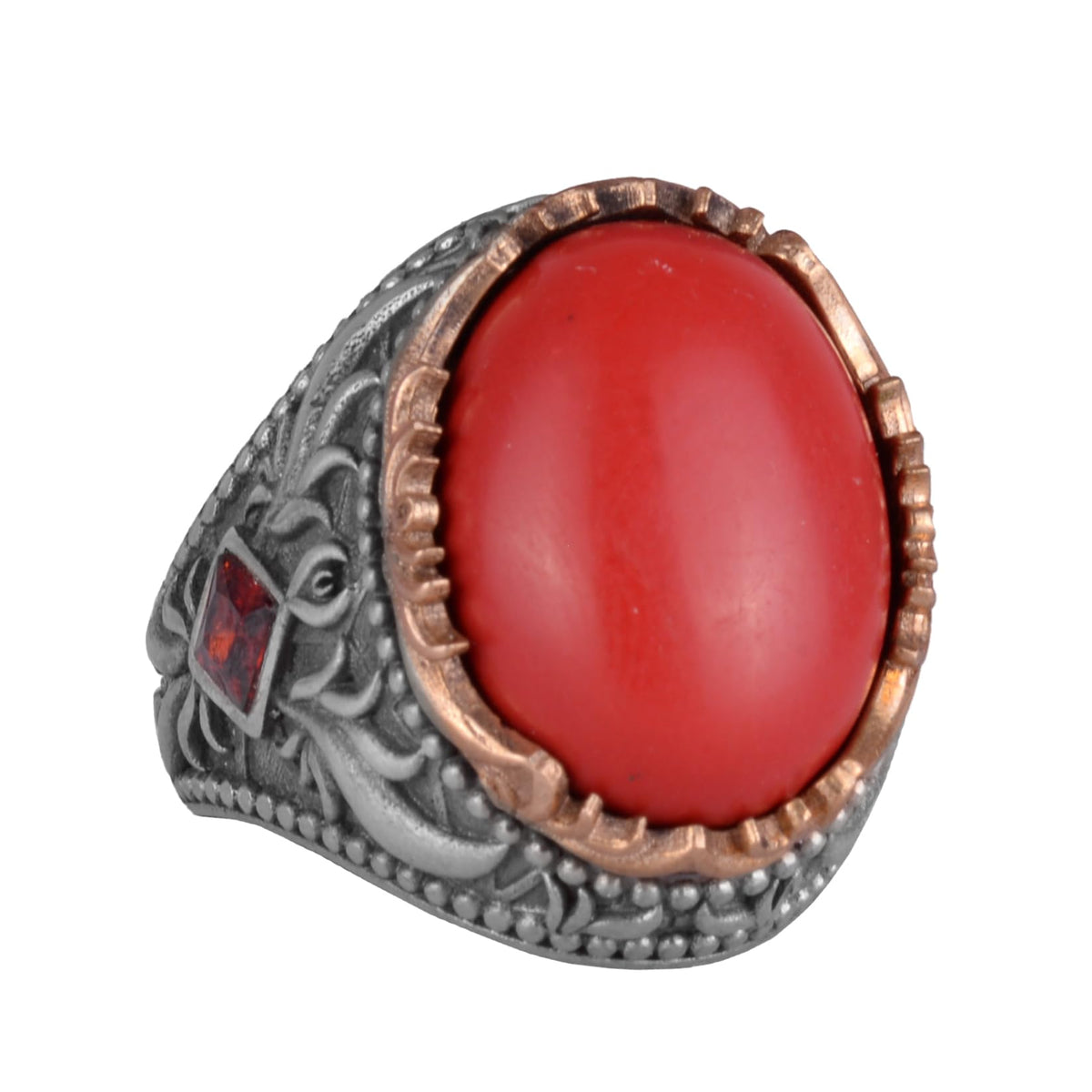 Artificial Stone Ring - Handmade Men's Ring - Stylish 925 Sterling Silver Men's Jewelry (Artificial Coral)